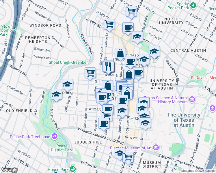 map of restaurants, bars, coffee shops, grocery stores, and more near 2500 Rio Grande Street in Austin