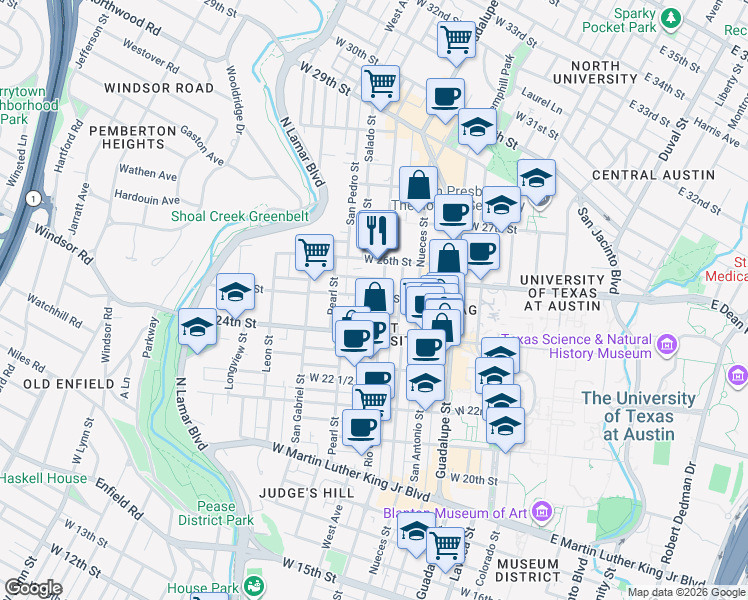 map of restaurants, bars, coffee shops, grocery stores, and more near 2513 Rio Grande Street in Austin