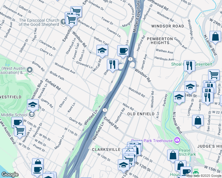 map of restaurants, bars, coffee shops, grocery stores, and more near 1803 Winsted Lane in Austin
