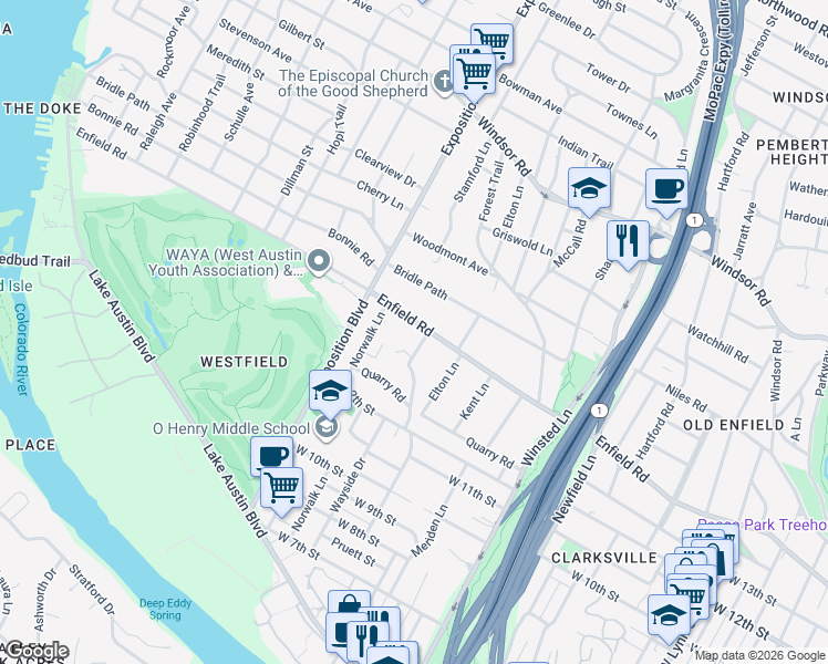 map of restaurants, bars, coffee shops, grocery stores, and more near 2506 Enfield Road in Austin