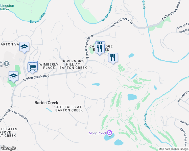 map of restaurants, bars, coffee shops, grocery stores, and more near 2305 Barton Creek Boulevard in Austin
