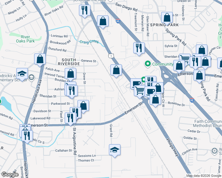 map of restaurants, bars, coffee shops, grocery stores, and more near 3423 Inwood Circle West in Jacksonville