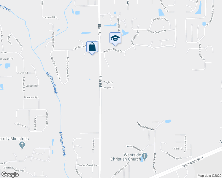 map of restaurants, bars, coffee shops, grocery stores, and more near 10307 Angel Court in Jacksonville
