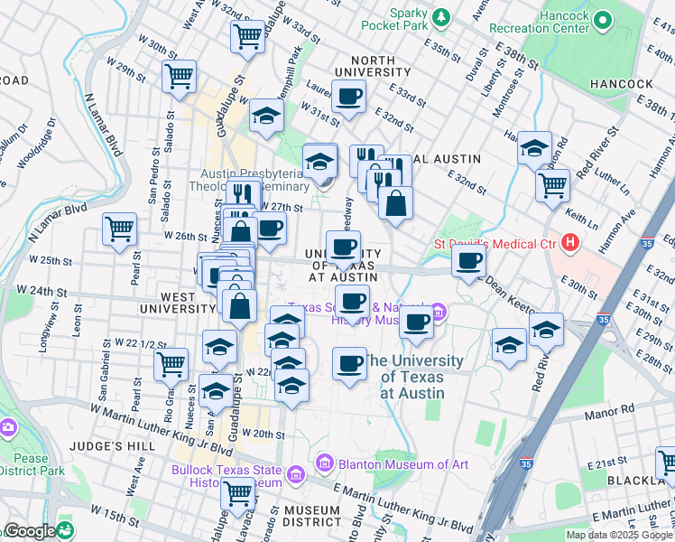 map of restaurants, bars, coffee shops, grocery stores, and more near 2506 Speedway in Austin