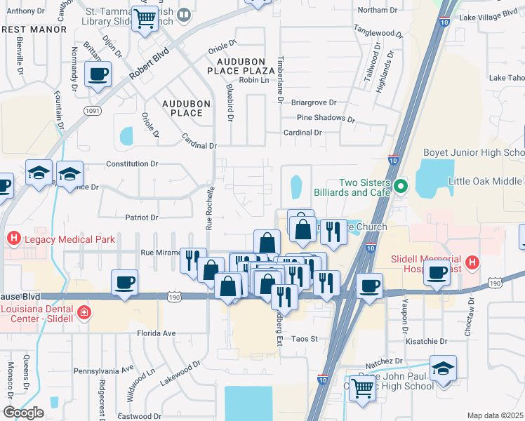 map of restaurants, bars, coffee shops, grocery stores, and more near 829 Asheville Drive in Slidell
