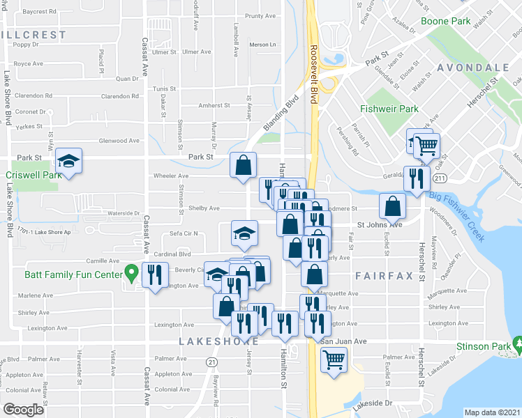 map of restaurants, bars, coffee shops, grocery stores, and more near 4582 Shelby Avenue in Jacksonville