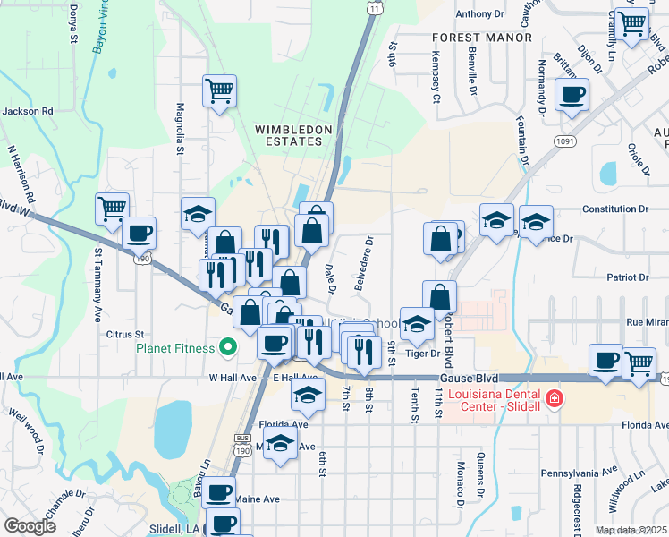 map of restaurants, bars, coffee shops, grocery stores, and more near 656 Dale Drive in Slidell