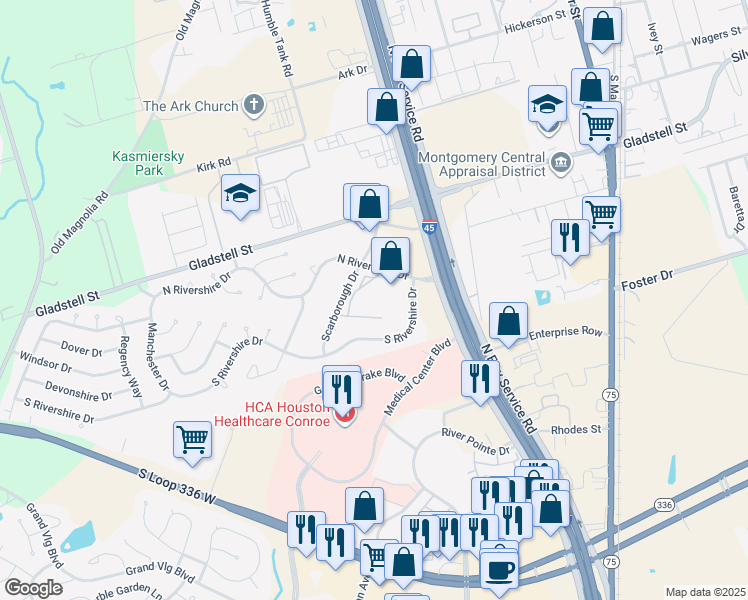 map of restaurants, bars, coffee shops, grocery stores, and more near 333 North Rivershire Drive in Conroe