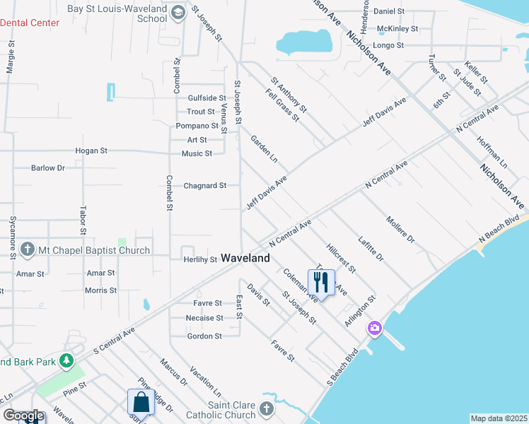 map of restaurants, bars, coffee shops, grocery stores, and more near 419 Merritt St in Waveland