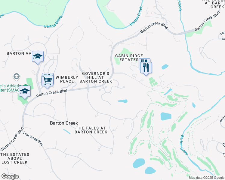map of restaurants, bars, coffee shops, grocery stores, and more near 2305 Barton Creek Boulevard in Austin
