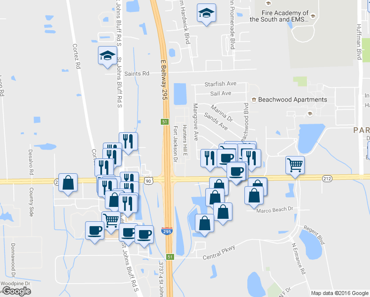 map of restaurants, bars, coffee shops, grocery stores, and more near 3116 Hunters Hill East in Jacksonville