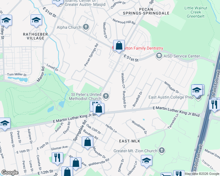 map of restaurants, bars, coffee shops, grocery stores, and more near 4613 Springdale Road in Austin