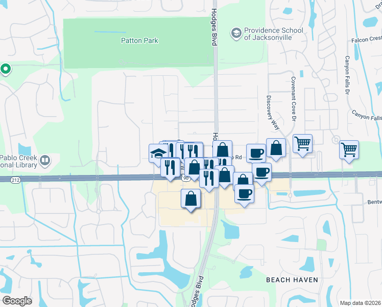 map of restaurants, bars, coffee shops, grocery stores, and more near 13544 Crashaw Road in Jacksonville