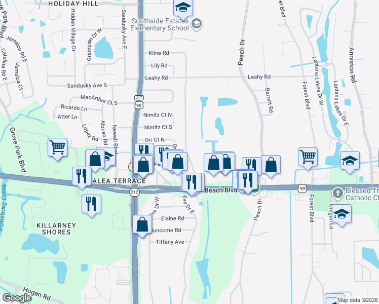 map of restaurants, bars, coffee shops, grocery stores, and more near 3106 Kline Road in Jacksonville