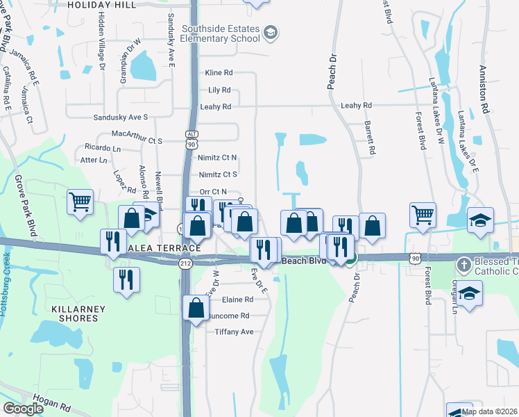 map of restaurants, bars, coffee shops, grocery stores, and more near 3106 Kline Road in Jacksonville