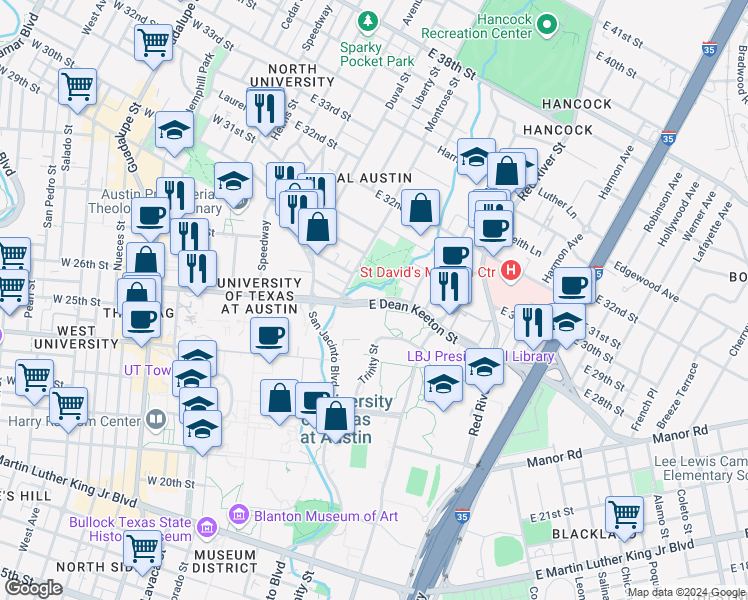 map of restaurants, bars, coffee shops, grocery stores, and more near 702 East Dean Keeton Street in Austin
