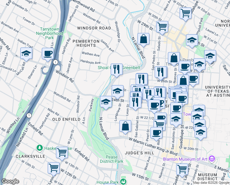 map of restaurants, bars, coffee shops, grocery stores, and more near 2500 Longview Street in Austin