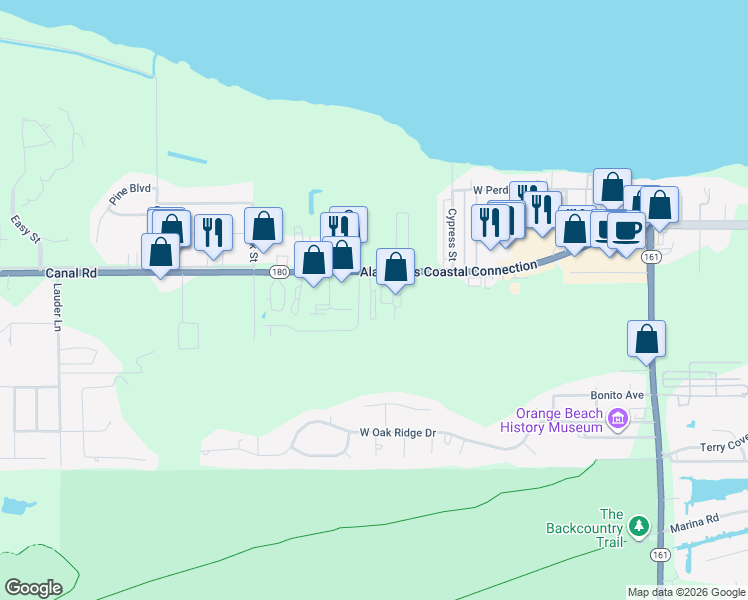 map of restaurants, bars, coffee shops, grocery stores, and more near 25286 Canal Road in Orange Beach