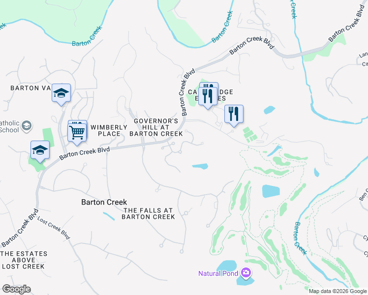 map of restaurants, bars, coffee shops, grocery stores, and more near 2305 Barton Creek Boulevard in Austin