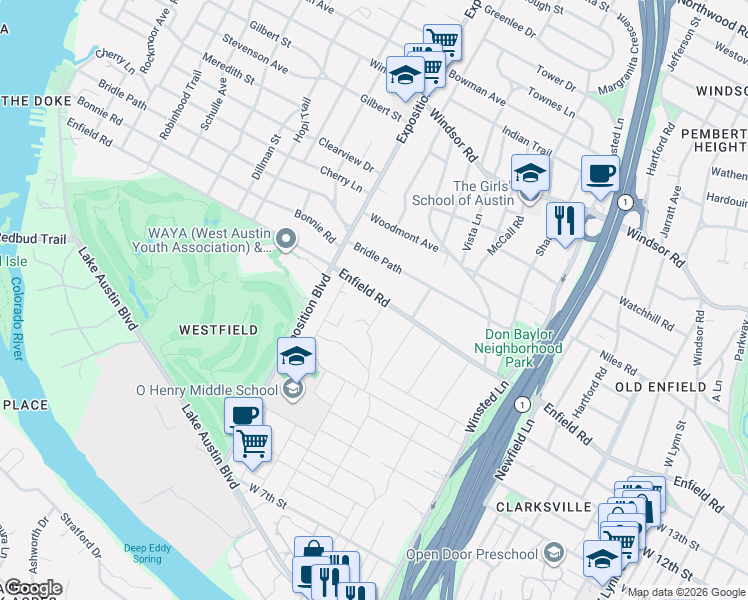 map of restaurants, bars, coffee shops, grocery stores, and more near 2505 Enfield Road in Austin