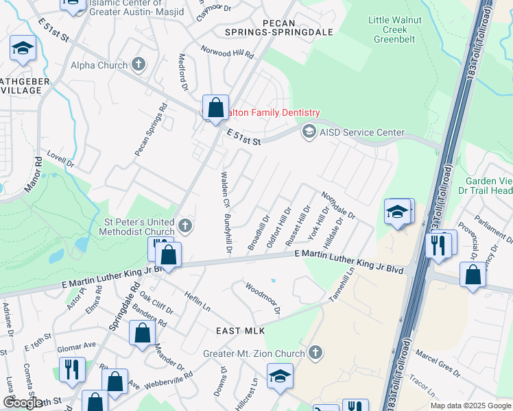 map of restaurants, bars, coffee shops, grocery stores, and more near 3300 Seabrook Street in Austin