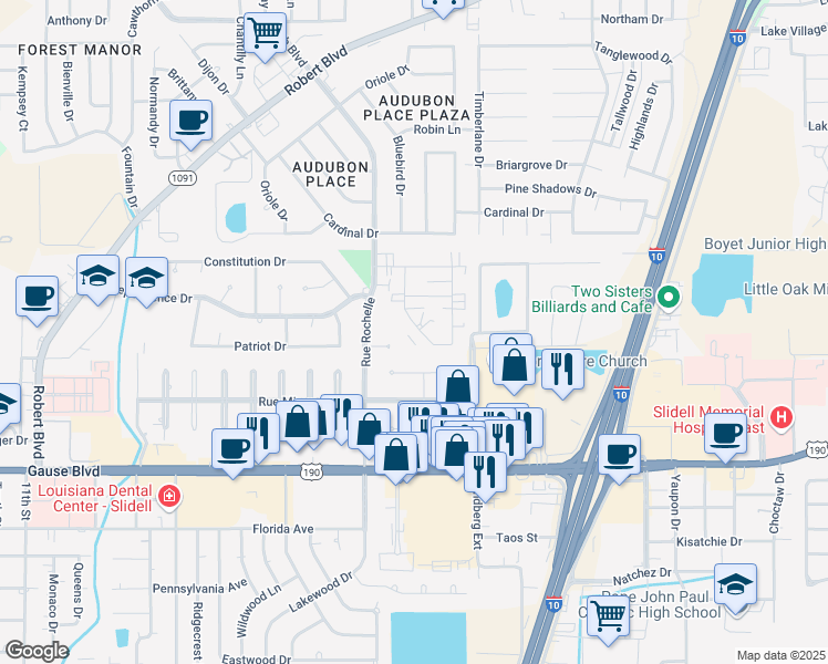 map of restaurants, bars, coffee shops, grocery stores, and more near 942 Asheville Drive in Slidell