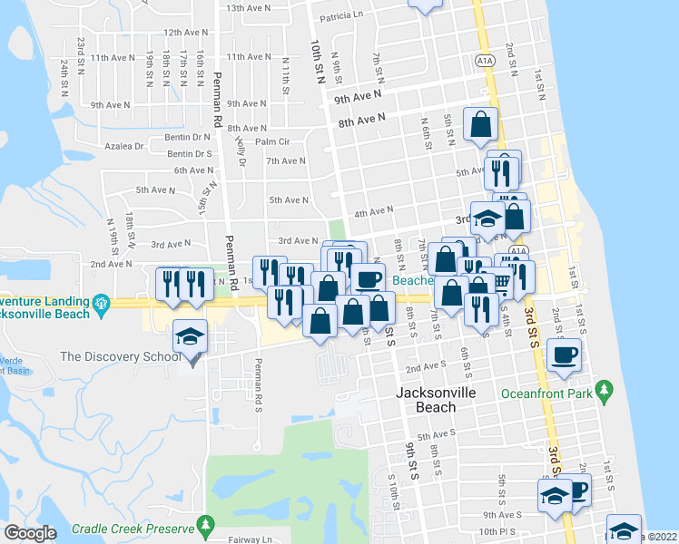 map of restaurants, bars, coffee shops, grocery stores, and more near 1010 2nd Avenue North in Jacksonville Beach