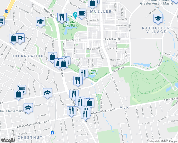 map of restaurants, bars, coffee shops, grocery stores, and more near 2301 Tom Miller Street in Austin
