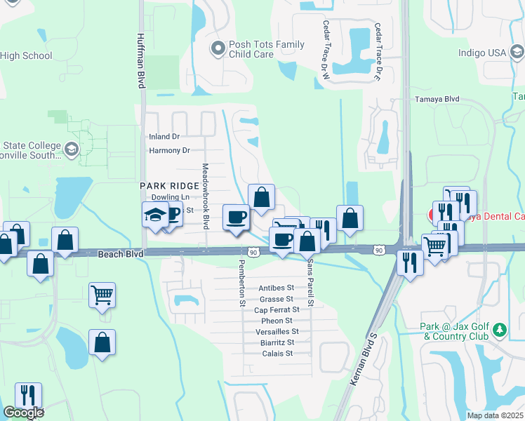 map of restaurants, bars, coffee shops, grocery stores, and more near 12171 Beach Boulevard in Jacksonville