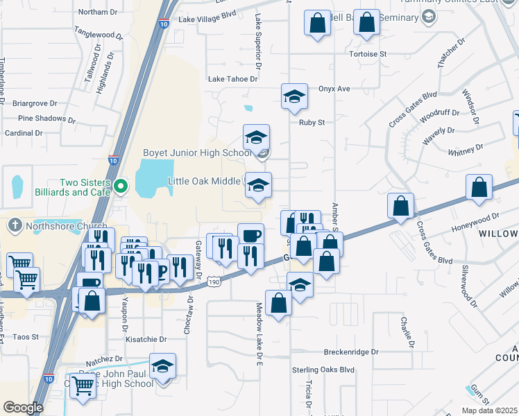 map of restaurants, bars, coffee shops, grocery stores, and more near 59241 Rebel Drive in Slidell