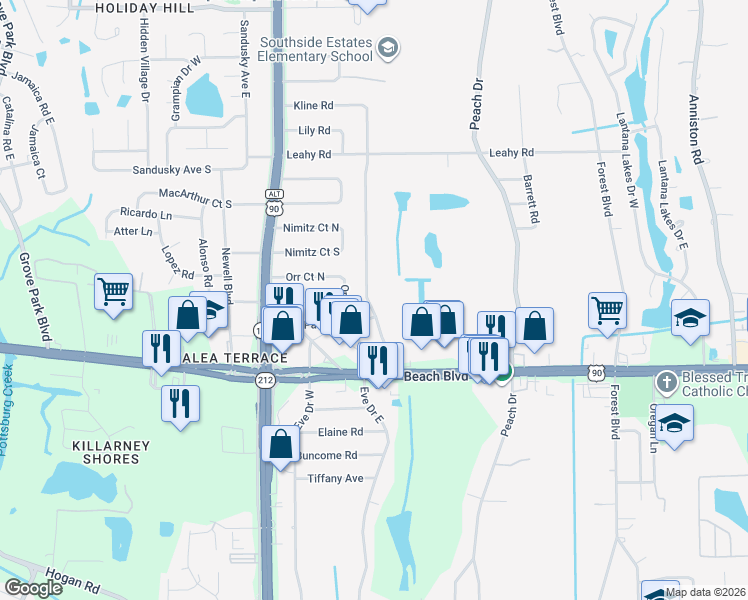 map of restaurants, bars, coffee shops, grocery stores, and more near 3106 Kline Road in Jacksonville