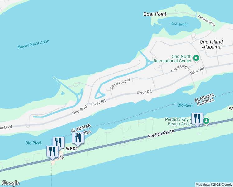 map of restaurants, bars, coffee shops, grocery stores, and more near 30232 Ono North Loop West in Orange Beach