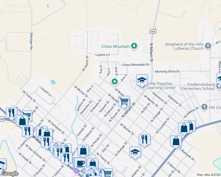 map of restaurants, bars, coffee shops, grocery stores, and more near 603 West Burbank Street in Fredericksburg