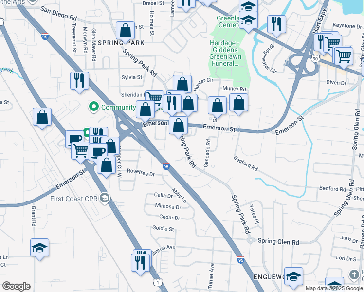map of restaurants, bars, coffee shops, grocery stores, and more near 3662 Spring Park Road in Jacksonville