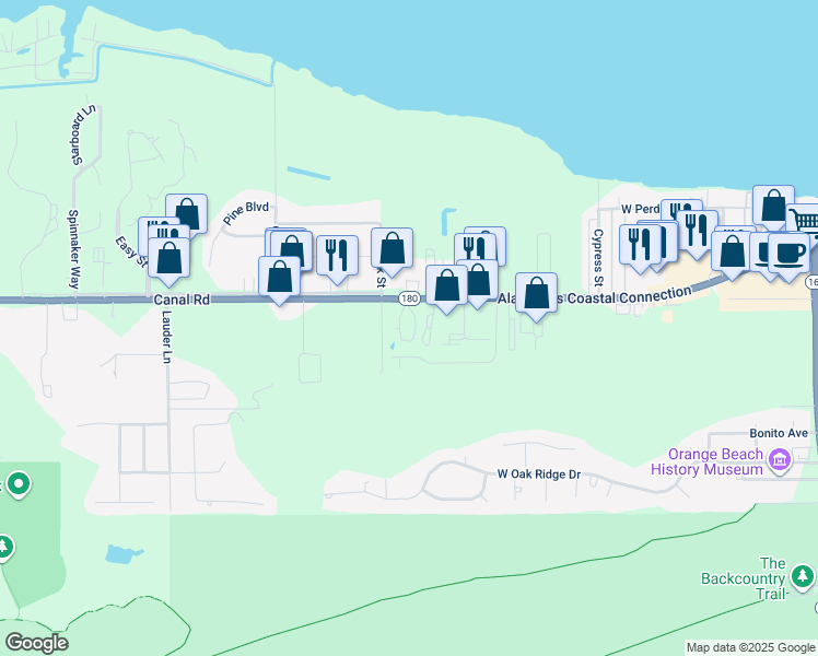 map of restaurants, bars, coffee shops, grocery stores, and more near 25050 Canal Rd in Orange Beach