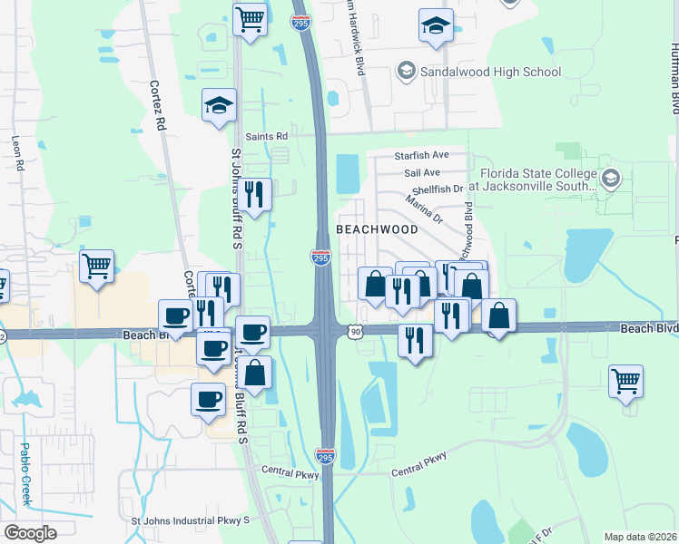 map of restaurants, bars, coffee shops, grocery stores, and more near 3115 Fort Jackson Drive in Jacksonville