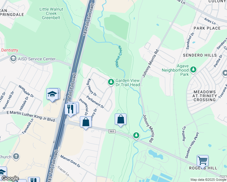 map of restaurants, bars, coffee shops, grocery stores, and more near 6402 Garden View Drive in Austin