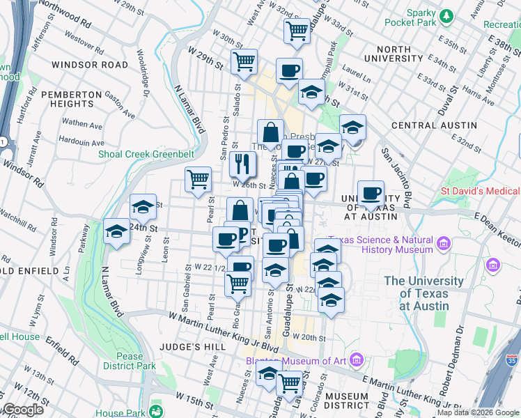 map of restaurants, bars, coffee shops, grocery stores, and more near 2503 Nueces Street in Austin