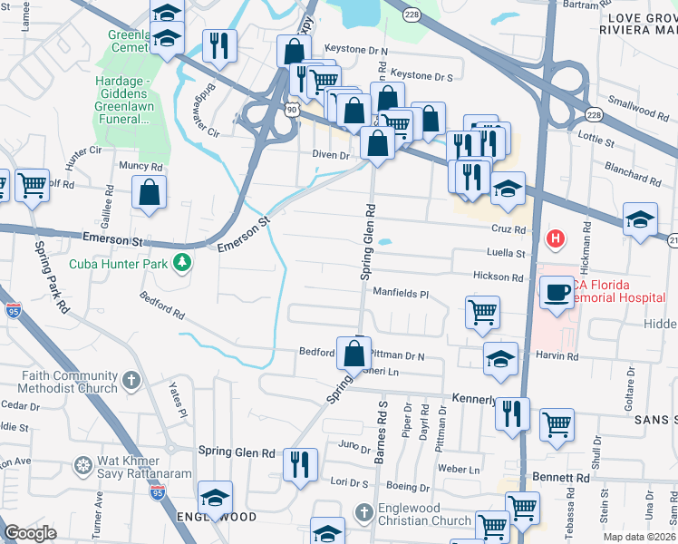 map of restaurants, bars, coffee shops, grocery stores, and more near 3535 Carlyon Drive in Jacksonville