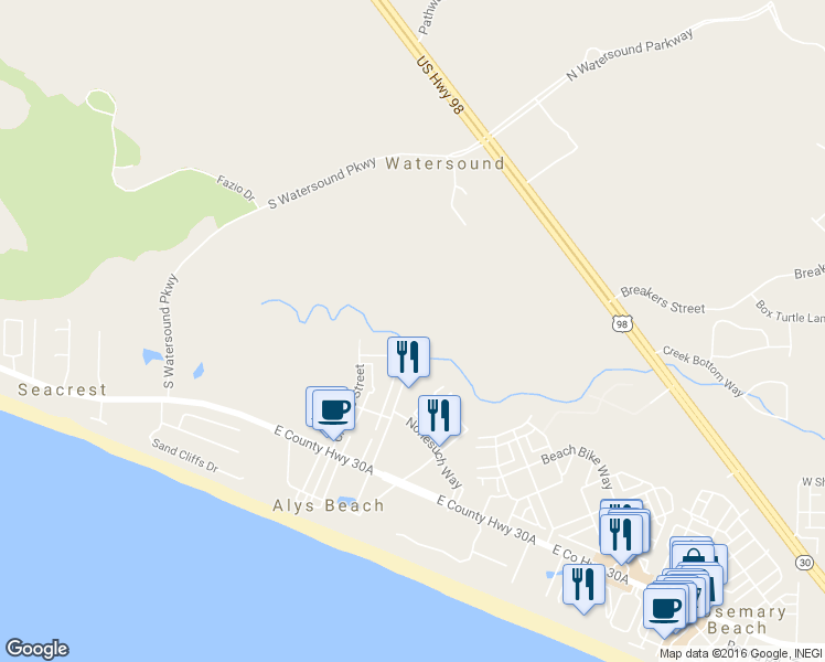 map of restaurants, bars, coffee shops, grocery stores, and more near Alys Beach Nature Trail in Panama City Beach