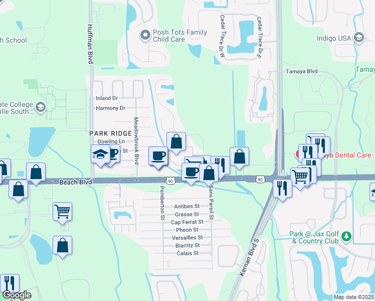 map of restaurants, bars, coffee shops, grocery stores, and more near 12171 Beach Boulevard in Jacksonville