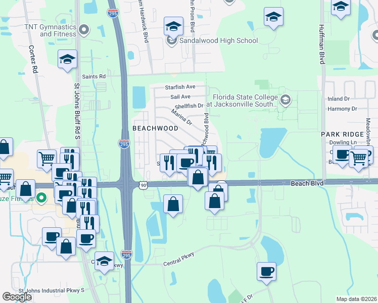 map of restaurants, bars, coffee shops, grocery stores, and more near 3104 Beachwood Boulevard in Jacksonville