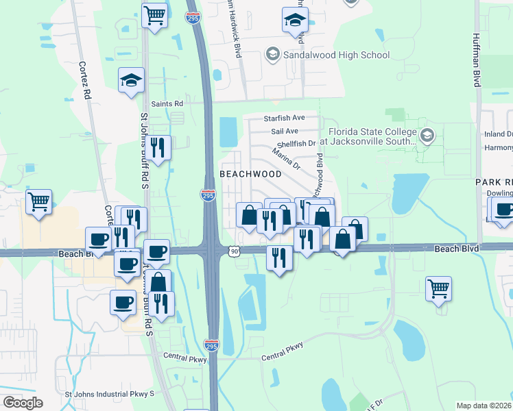 map of restaurants, bars, coffee shops, grocery stores, and more near 3103 Mangrove Avenue in Jacksonville