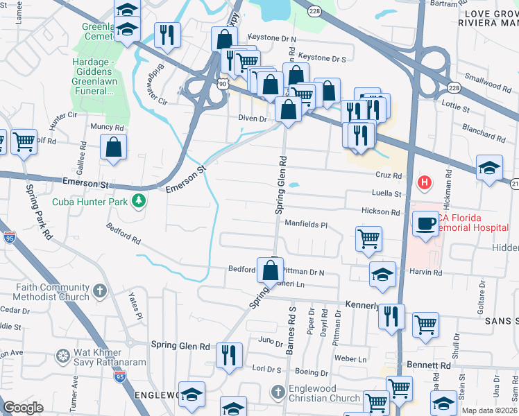 map of restaurants, bars, coffee shops, grocery stores, and more near 3535 Carlyon Drive in Jacksonville