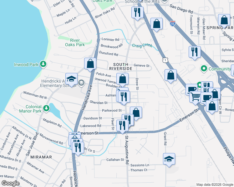 map of restaurants, bars, coffee shops, grocery stores, and more near 1733 Ashland Street in Jacksonville