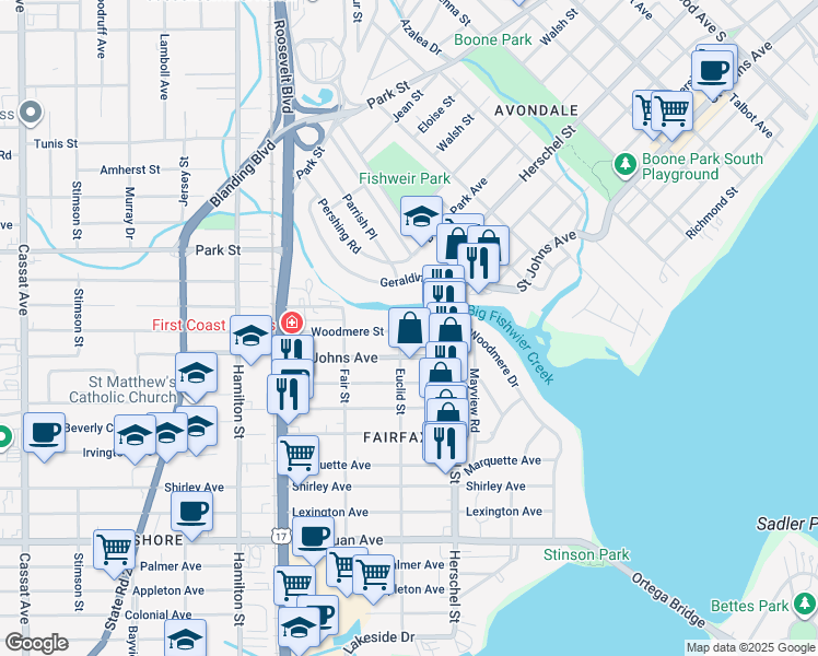 map of restaurants, bars, coffee shops, grocery stores, and more near 4255 Woodmere Street in Jacksonville