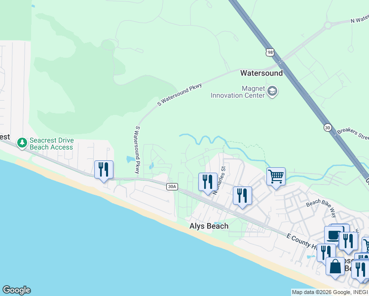 map of restaurants, bars, coffee shops, grocery stores, and more near 147 Cord Road in Santa Rosa Beach