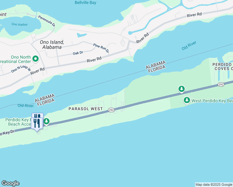 map of restaurants, bars, coffee shops, grocery stores, and more near 16284 Perdido Key Drive in Pensacola