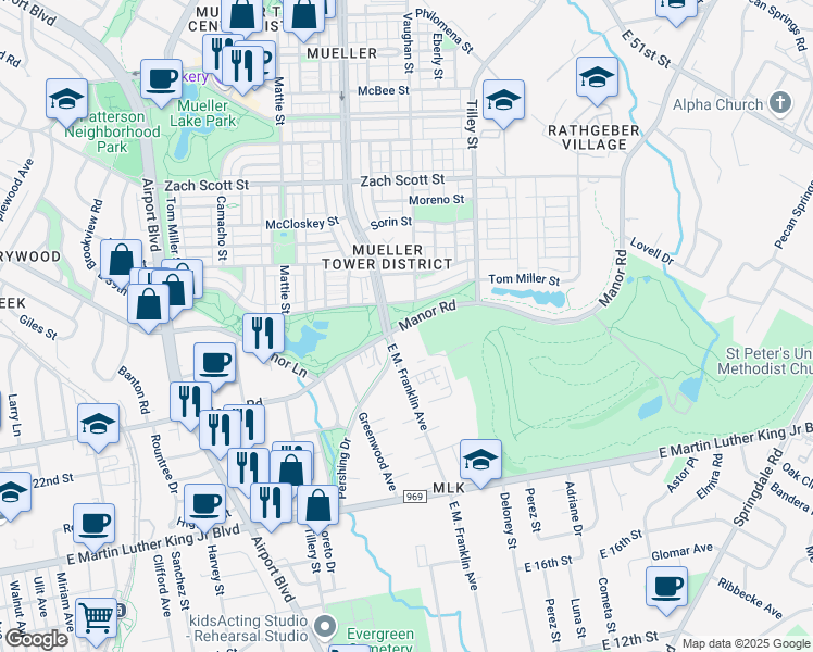 map of restaurants, bars, coffee shops, grocery stores, and more near 4305 Manor Road in Austin