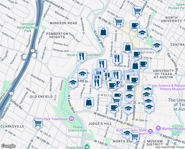 map of restaurants, bars, coffee shops, grocery stores, and more near 2415 Leon Street in Austin